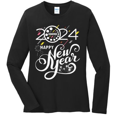 New Years Eve Party Supplies 2024 Happy New Year Fireworks Ladies Long Sleeve Shirt