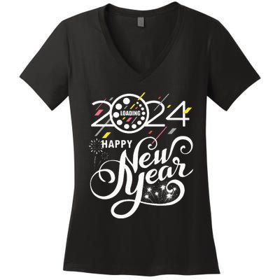 New Years Eve Party Supplies 2024 Happy New Year Fireworks Women's V-Neck T-Shirt