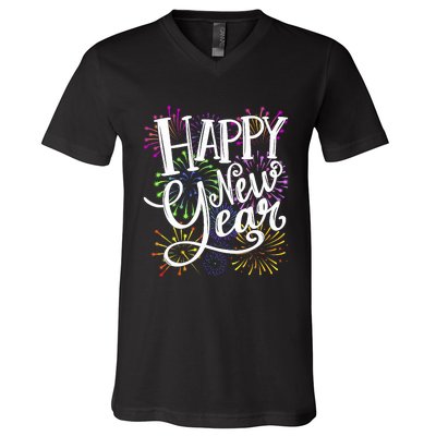 New Years Eve Party Supplies 2024 Happy New Year Fireworks V-Neck T-Shirt