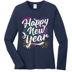 New Years Eve Party Supplies 2024 Happy New Year Fireworks Ladies Long Sleeve Shirt