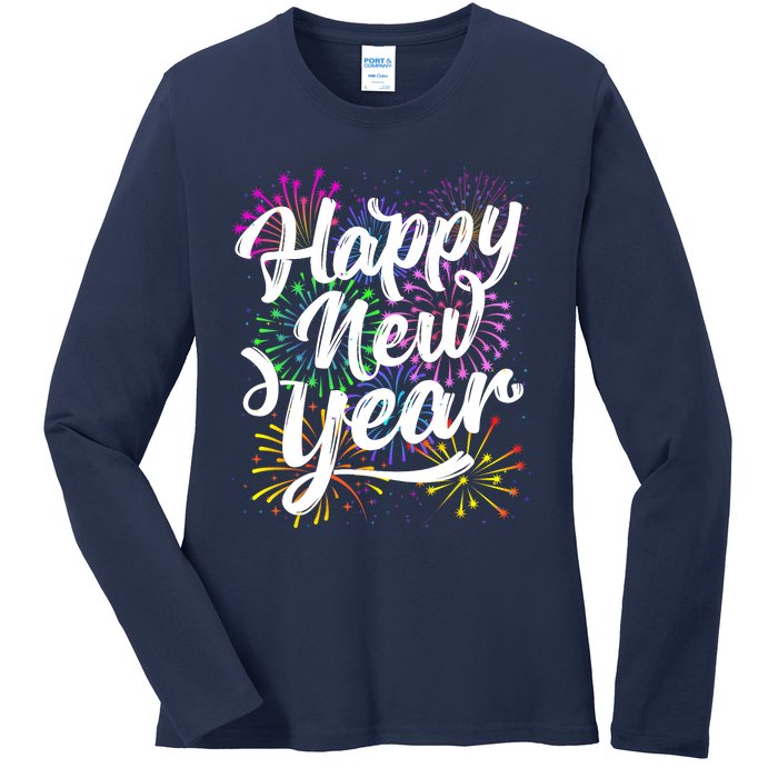 New Years Eve Party Supplies 2024 Happy New Year Fireworks Ladies Long Sleeve Shirt