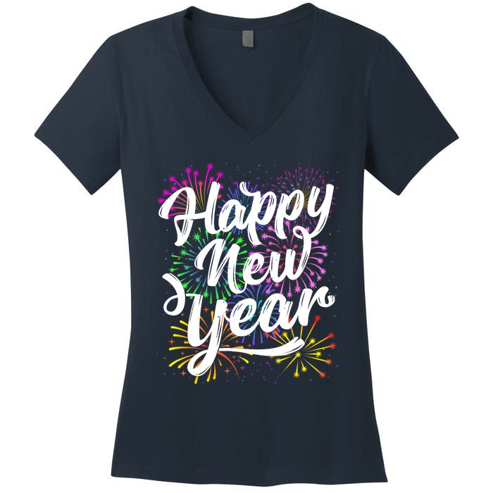 New Years Eve Party Supplies 2024 Happy New Year Fireworks Women's V-Neck T-Shirt