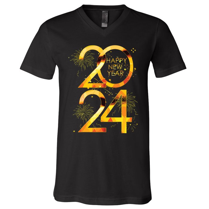 New Years Eve Party Supplies 2024 Happy New Year Fireworks V-Neck T-Shirt