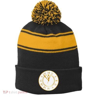 New YearS Eve Clock Stripe Pom Pom Beanie