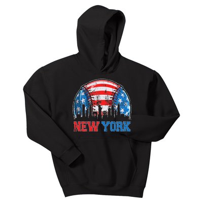 New York NY Skyline Baseball Vintage Met At Gameday Kids Hoodie