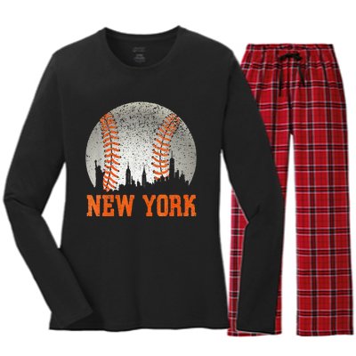 New York NY Skyline Baseball Vintage Met At Gameday Women's Long Sleeve Flannel Pajama Set 