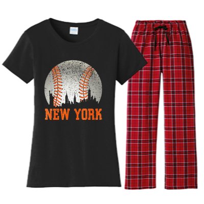 New York NY Skyline Baseball Vintage Met At Gameday Women's Flannel Pajama Set