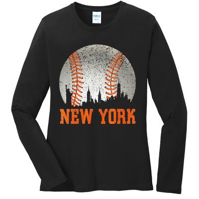 New York NY Skyline Baseball Vintage Met At Gameday Ladies Long Sleeve Shirt