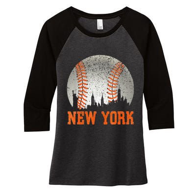 New York NY Skyline Baseball Vintage Met At Gameday Women's Tri-Blend 3/4-Sleeve Raglan Shirt