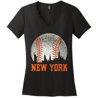 New York NY Skyline Baseball Vintage Met At Gameday Women's V-Neck T-Shirt