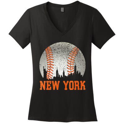 New York NY Skyline Baseball Vintage Met At Gameday Women's V-Neck T-Shirt