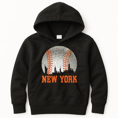 New York NY Skyline Baseball Vintage Met At Gameday Kids Hoodie