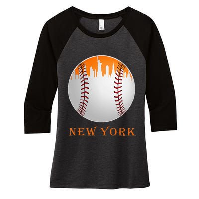 New York NY Skyline Baseball Vintage Met At Gameday Women's Tri-Blend 3/4-Sleeve Raglan Shirt