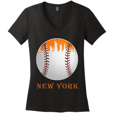 New York NY Skyline Baseball Vintage Met At Gameday Women's V-Neck T-Shirt