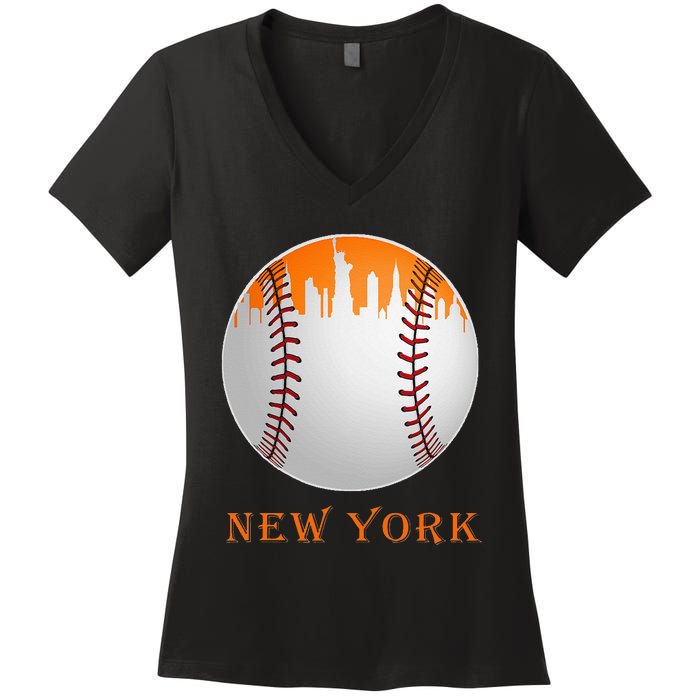 New York NY Skyline Baseball Vintage Met At Gameday Women's V-Neck T-Shirt