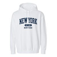 New York Ny 1624 Arched Text Retro Preppy Throwback Garment-Dyed Fleece Hoodie