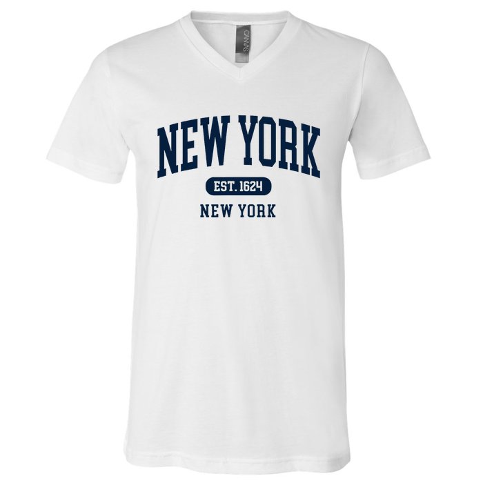 New York Ny 1624 Arched Text Retro Preppy Throwback V-Neck T-Shirt