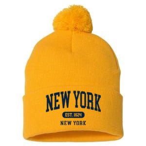 New York NY Est 1624 Arched Varsity Text Pom Pom 12in Knit Beanie