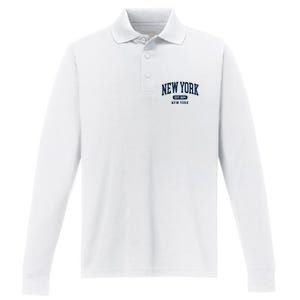 New York NY Est 1624 Arched Varsity Text Performance Long Sleeve Polo