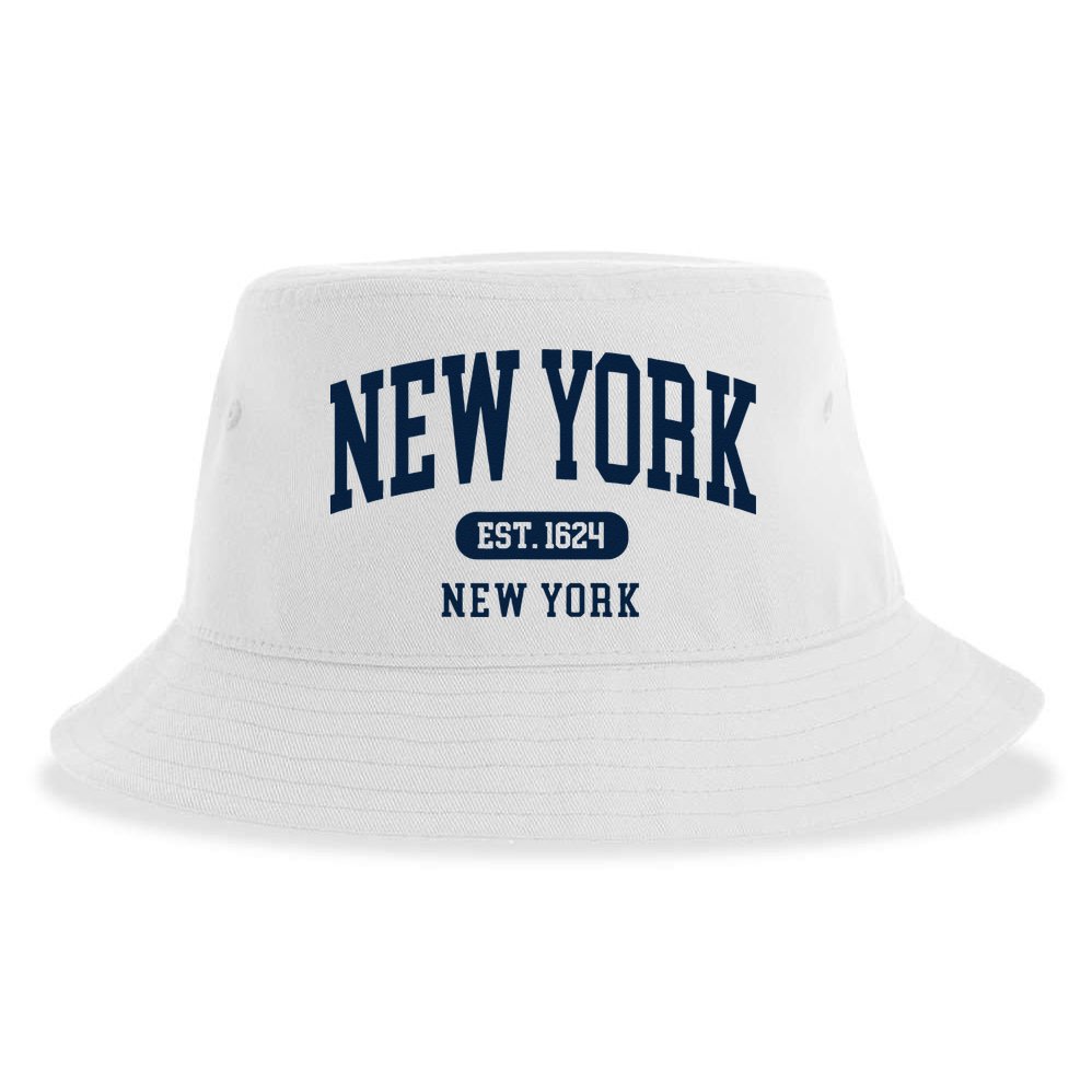 New York NY Est 1624 Arched Varsity Text Sustainable Bucket Hat