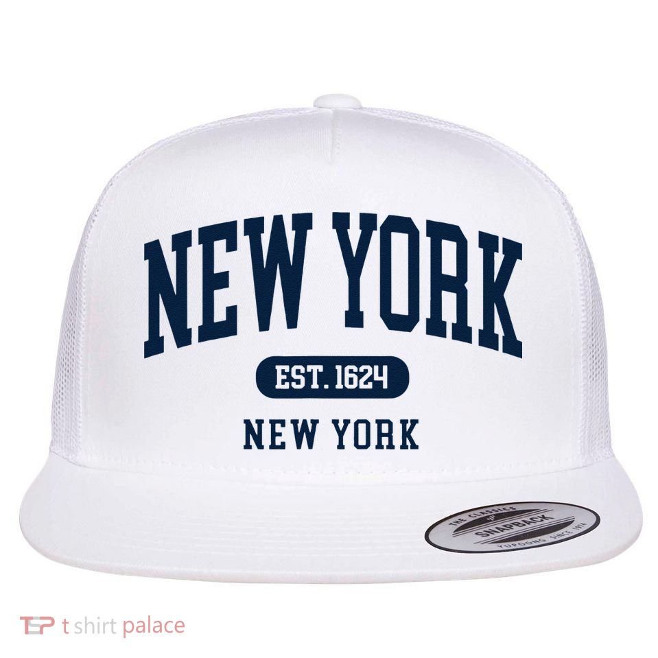New York NY Est 1624 Arched Varsity Text Flat Bill Trucker Hat