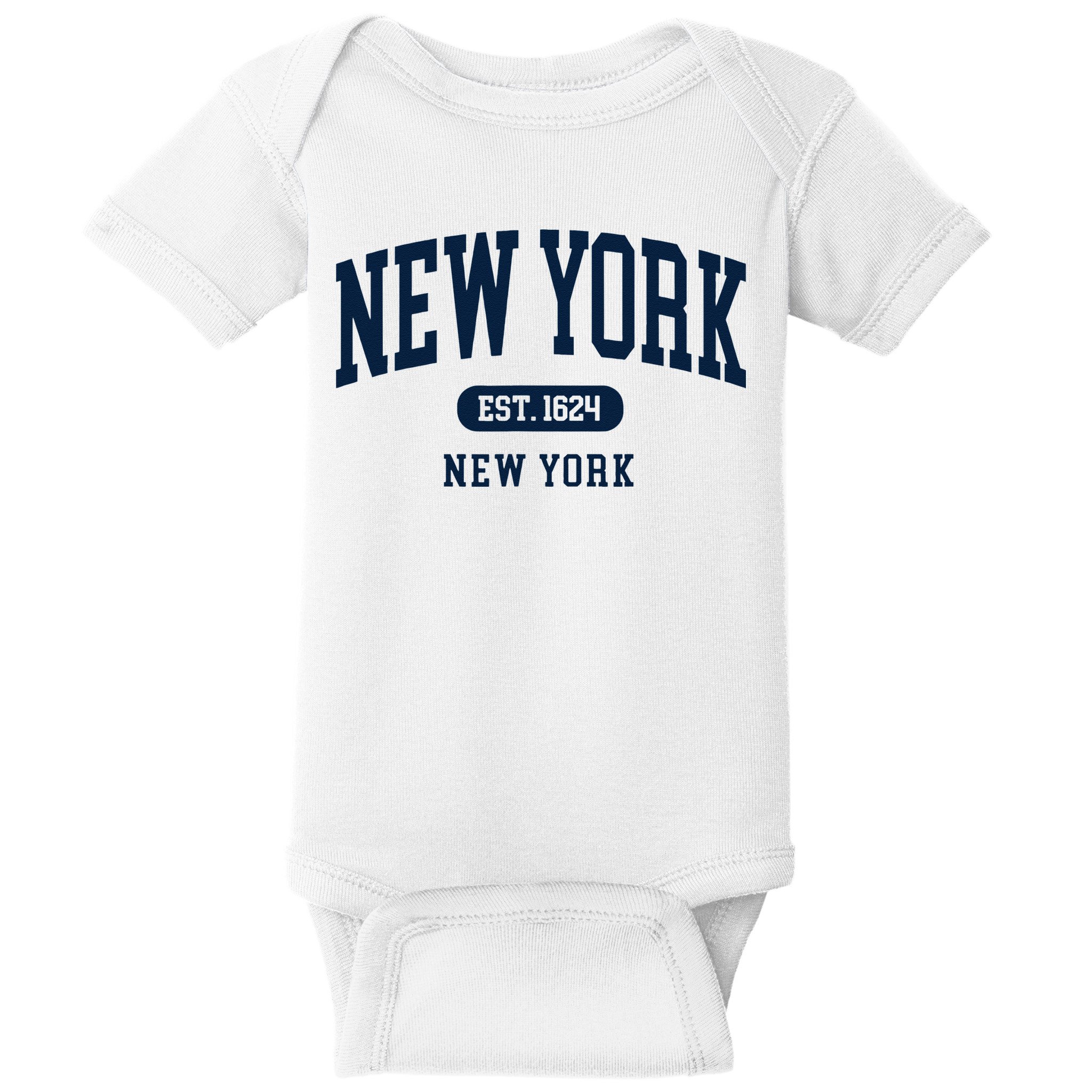 New York NY Est 1624 Arched Varsity Text Baby Bodysuit