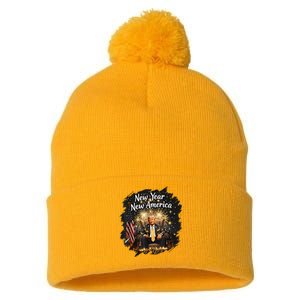 New Year New America Happy New Year Party 2025 Trump Funny Pom Pom 12in Knit Beanie