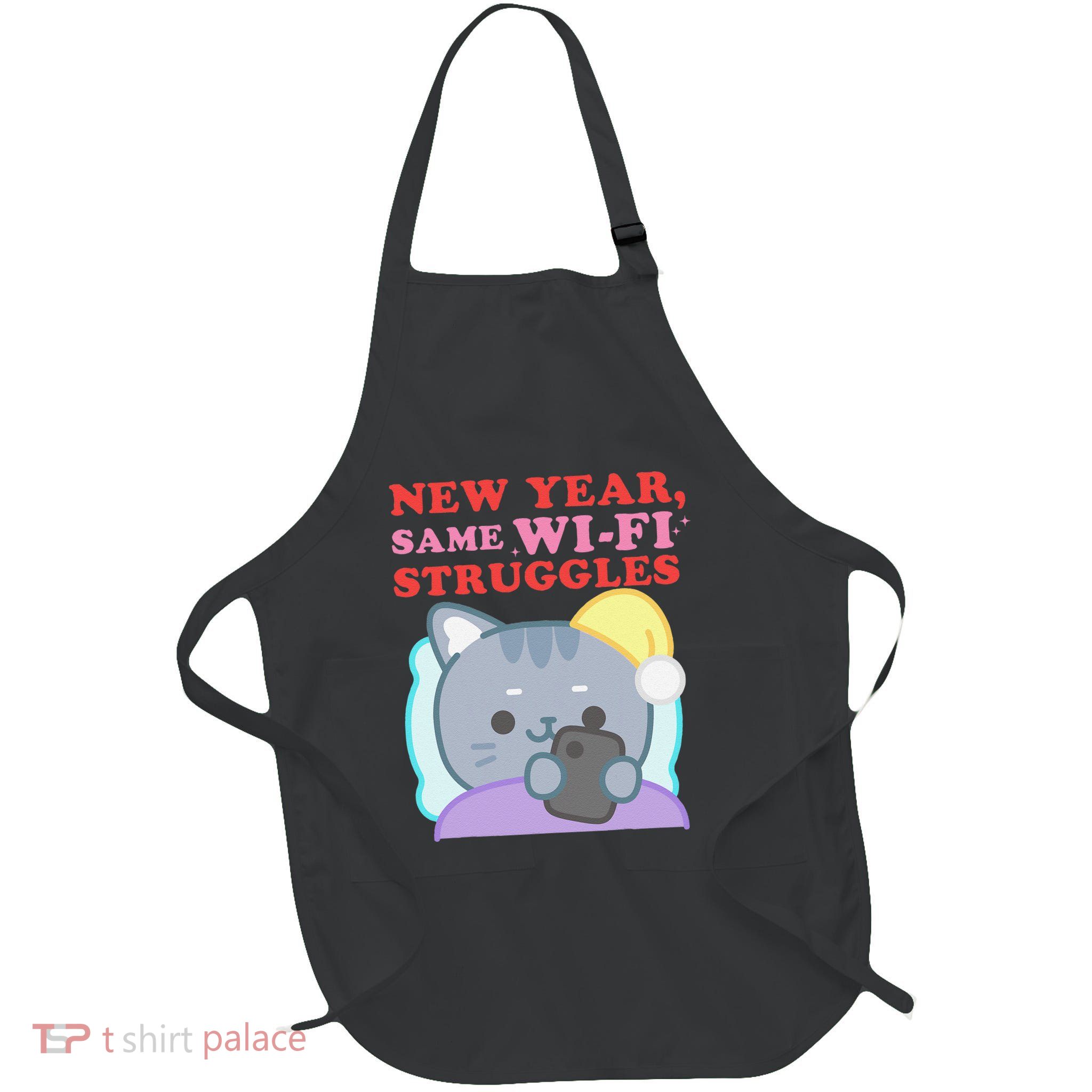 New Year New Wifi Struggles Cute Cat Full-Length Apron With Pockets