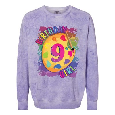 Nine Year Old Birthday Girl Painting Party Brush And Palette Colorblast Crewneck Sweatshirt