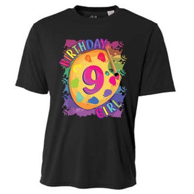 Nine Year Old Birthday Girl Painting Party Brush And Palette Cooling Performance Crew T-Shirt