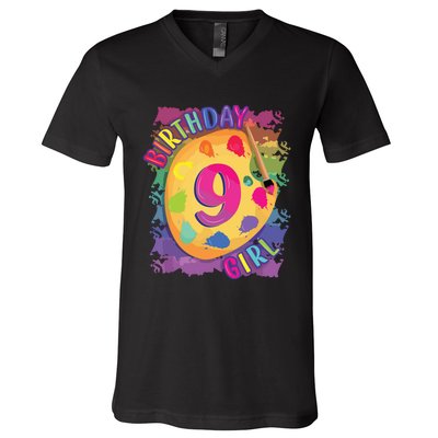 Nine Year Old Birthday Girl Painting Party Brush And Palette V-Neck T-Shirt