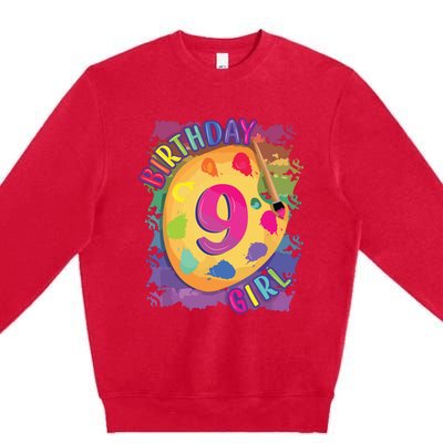 Nine Year Old Birthday Girl Painting Party Brush And Palette Premium Crewneck Sweatshirt