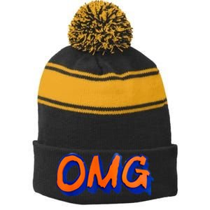 New York Omg Top Aligned Stripe Pom Pom Beanie