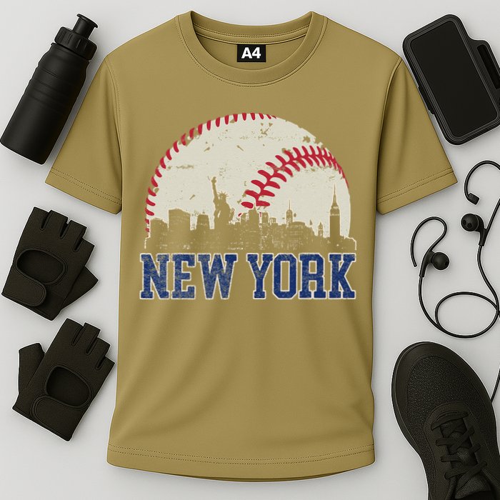 New York Retro Baseball Lover Met At Game Day Cooling Performance Crew T-Shirt
