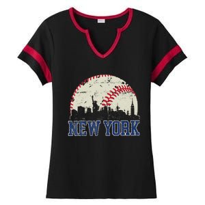 New York Retro Baseball Lover Met At Game Day Ladies Halftime Notch Neck Tee