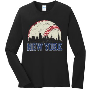 New York Retro Baseball Lover Met At Game Day Ladies Long Sleeve Shirt