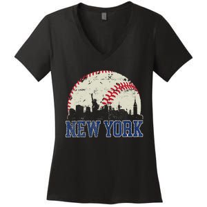 New York Retro Baseball Lover Met At Game Day Women's V-Neck T-Shirt