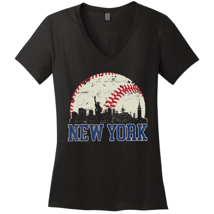 New York Retro Baseball Lover Met At Game Day Women's V-Neck T-Shirt