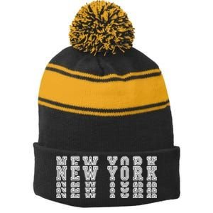 New York Stacked Stripe Pom Pom Beanie