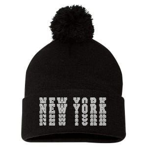 New York Stacked Pom Pom 12in Knit Beanie