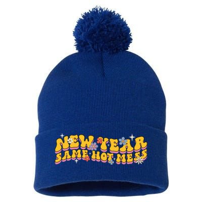 New Year Same Hot Mess Funny Groovy Gift Pom Pom 12in Knit Beanie