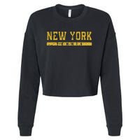 New York Tennis Yellow Vintage Text Cropped Pullover Crew