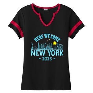 New York Trip 2025 Here We Come Matching Family Vacation Ladies Halftime Notch Neck Tee