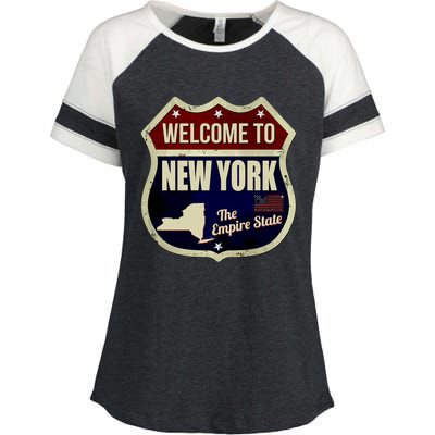 New York Vintage Metal Road Sign Logo Enza Ladies Jersey Colorblock Tee