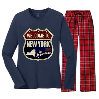 New York Vintage Metal Road Sign Logo Women's Long Sleeve Flannel Pajama Set 