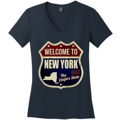 New York Vintage Metal Road Sign Logo Women's V-Neck T-Shirt