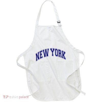 New York Varsity Style Blue Text Throwback Design Full-Length Apron With Pockets