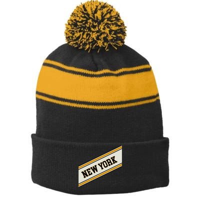 New York Varsity Logo Stripe Pom Pom Beanie