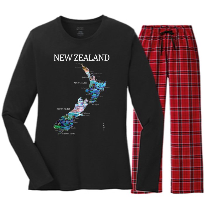 New Zealand Detailed Map Women's Long Sleeve Flannel Pajama Set 