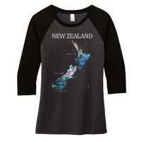 New Zealand Detailed Map Women's Tri-Blend 3/4-Sleeve Raglan Shirt